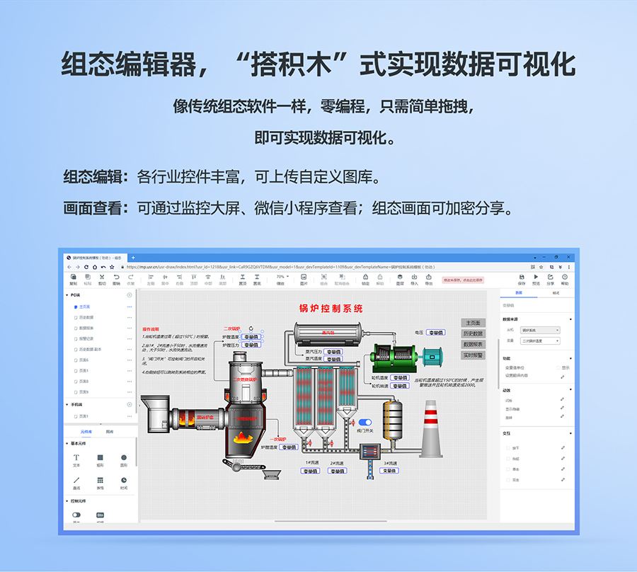 低成本PLC云網(wǎng)關(guān)：組態(tài)編輯器，“搭積木”式實(shí)現(xiàn)數(shù)據(jù)可視化